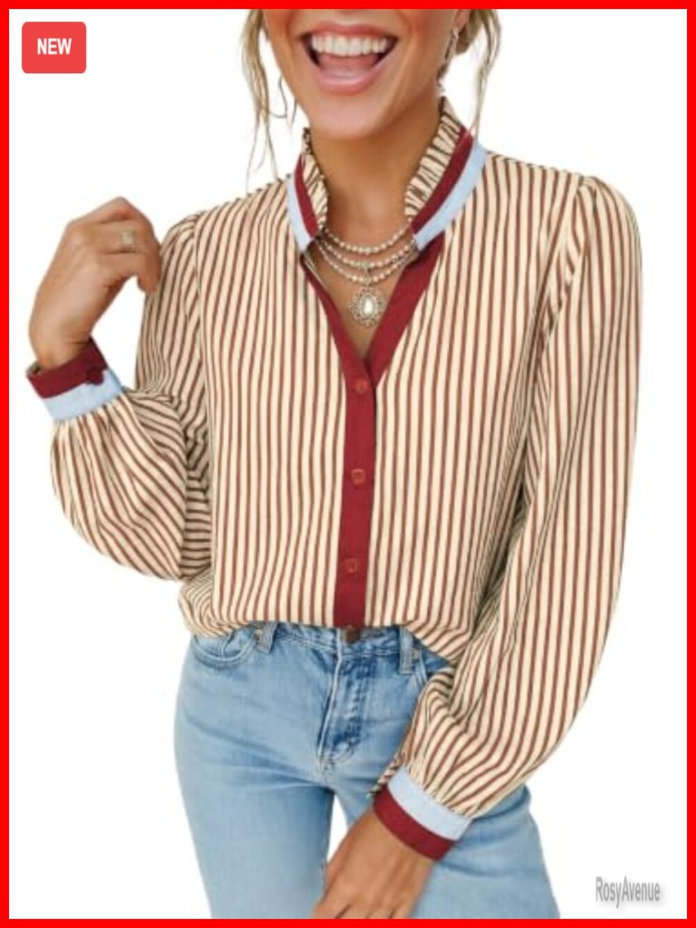 Womens Striped Button Down Shirt Long Sleeve V Neck Cotton Blouse